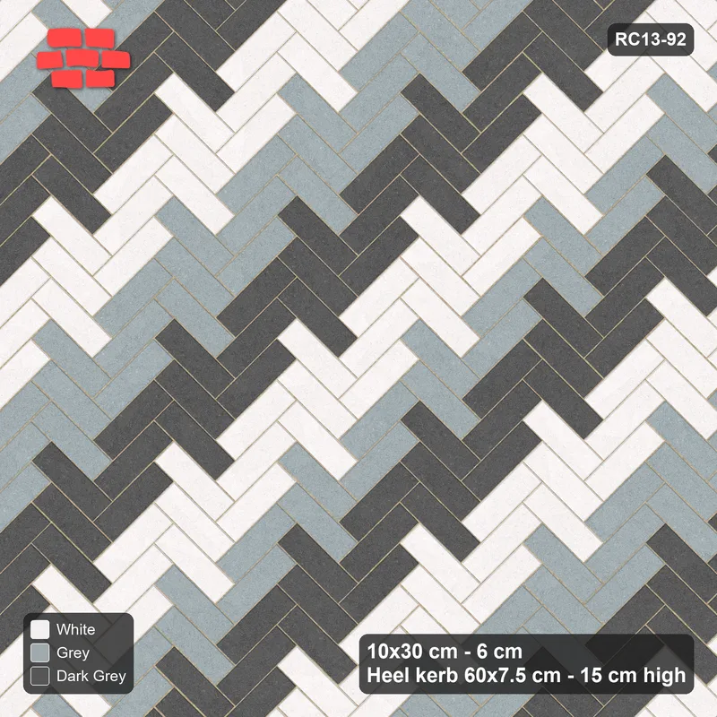 Interlock (Pasco) 10x30 cm · RC13-92 · Herringbone 45 40 cm counter-diagonal stripes with Heel kerb 75x150x600 frame · Top view
