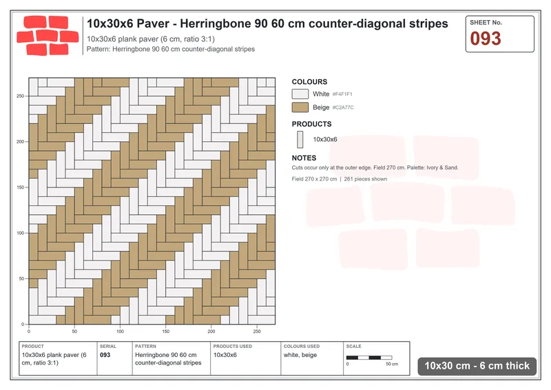 Interlock (Pasco) 10x30 cm · RC13-93 · Herringbone 90 60 cm counter-diagonal stripes · Laying plan Interlock (Pasco) 10x30 cm · RC13-93 · Herringbone 90 60 cm counter-diagonal stripes · Laying plan