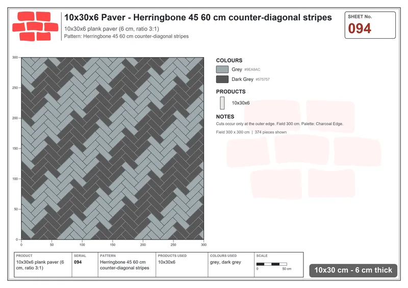 Interlock (Pasco) 10x30 cm · RC13-94 · Herringbone 45 60 cm counter-diagonal stripes · Laying plan Interlock (Pasco) 10x30 cm · RC13-94 · Herringbone 45 60 cm counter-diagonal stripes · Laying plan