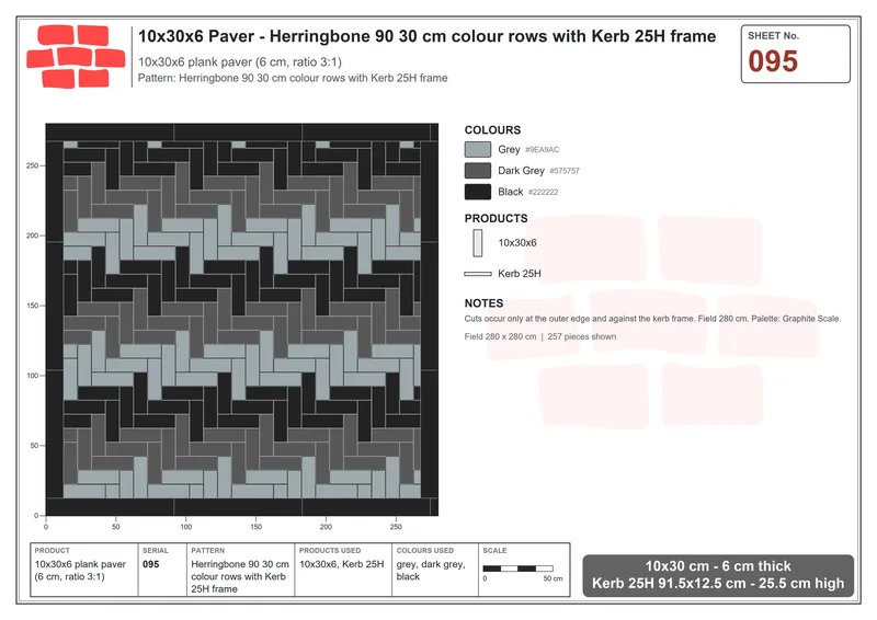 Interlock (Pasco) 10x30 cm · RC13-95 · Herringbone 90 30 cm colour rows with Kerb 25H frame · Laying plan Interlock (Pasco) 10x30 cm · RC13-95 · Herringbone 90 30 cm colour rows with Kerb 25H frame · Laying plan