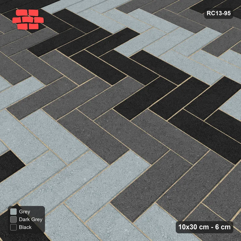 Interlock (Pasco) 10x30 cm · RC13-95 · Herringbone 90 30 cm colour rows with Kerb 25H frame · Side view