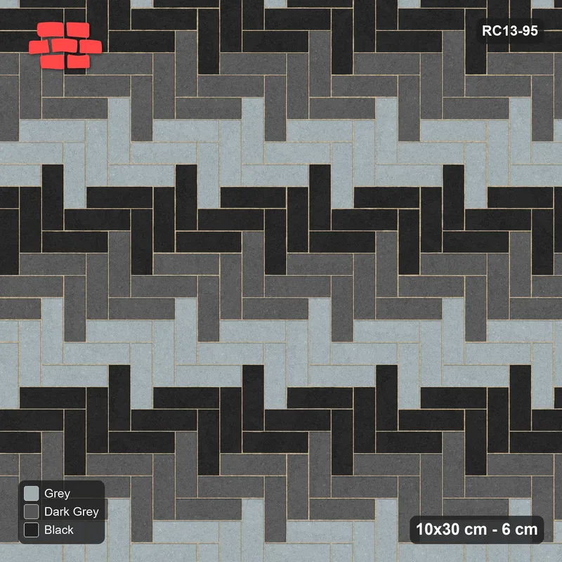 Interlock (Pasco) 10x30 cm · RC13-95 · Herringbone 90 30 cm colour rows with Kerb 25H frame · Top view