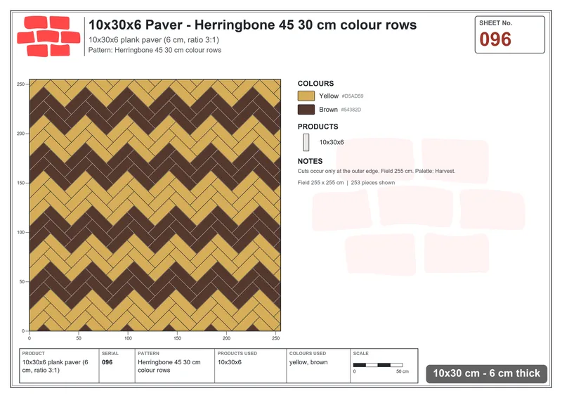 Interlock (Pasco) 10x30 cm · RC13-96 · Herringbone 45 30 cm colour rows · Laying plan Interlock (Pasco) 10x30 cm · RC13-96 · Herringbone 45 30 cm colour rows · Laying plan