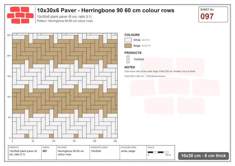 Interlock (Pasco) 10x30 cm · RC13-97 · Herringbone 90 60 cm colour rows · Laying plan Interlock (Pasco) 10x30 cm · RC13-97 · Herringbone 90 60 cm colour rows · Laying plan