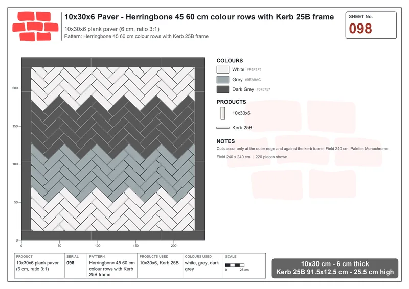 Interlock (Pasco) 10x30 cm · RC13-98 · Herringbone 45 60 cm colour rows with Kerb 25B frame · Laying plan Interlock (Pasco) 10x30 cm · RC13-98 · Herringbone 45 60 cm colour rows with Kerb 25B frame · Laying plan
