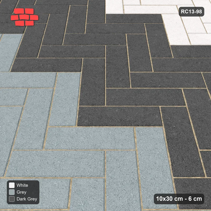 Interlock (Pasco) 10x30 cm · RC13-98 · Herringbone 45 60 cm colour rows with Kerb 25B frame · Side view