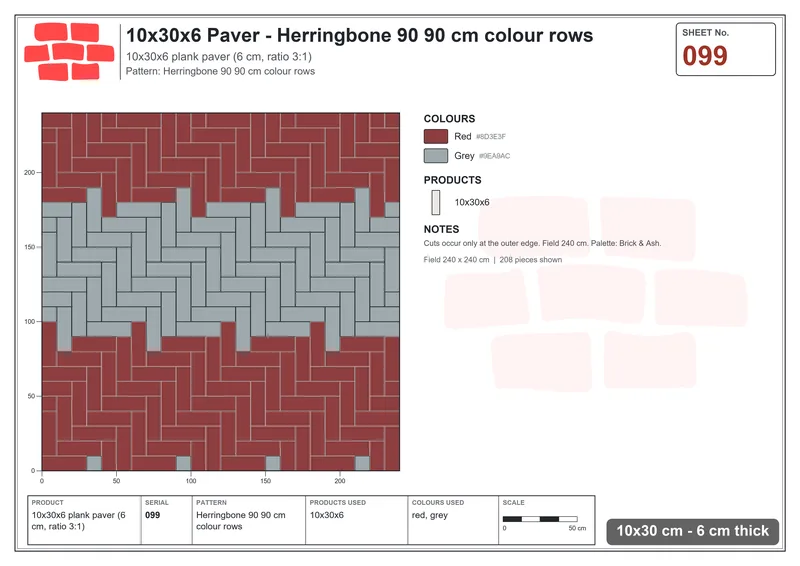 Interlock (Pasco) 10x30 cm · RC13-99 · Herringbone 90 90 cm colour rows · Laying plan Interlock (Pasco) 10x30 cm · RC13-99 · Herringbone 90 90 cm colour rows · Laying plan