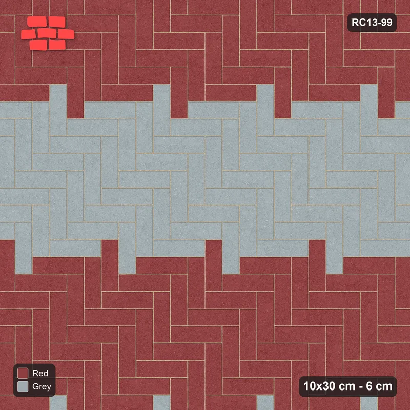 Interlock (Pasco) 10x30 cm · RC13-99 · Herringbone 90 90 cm colour rows · Top view