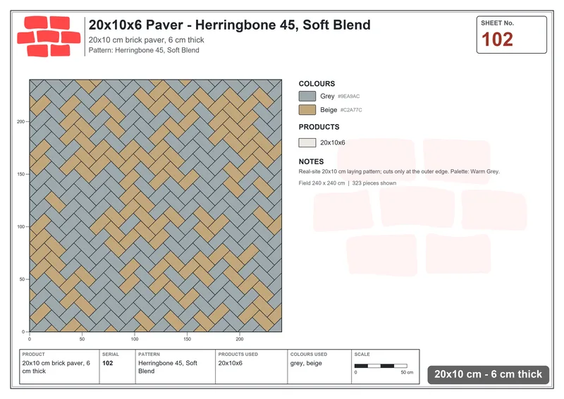 Interlock (Pasco) 20x10 cm · RC21-102 · Herringbone 45, Soft Blend · Laying plan Interlock (Pasco) 20x10 cm · RC21-102 · Herringbone 45, Soft Blend · Laying plan