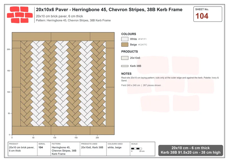Interlock (Pasco) 20x10 cm · RC21-104 · Herringbone 45, Chevron Stripes, 38B Kerb Frame · Laying plan Interlock (Pasco) 20x10 cm · RC21-104 · Herringbone 45, Chevron Stripes, 38B Kerb Frame · Laying plan