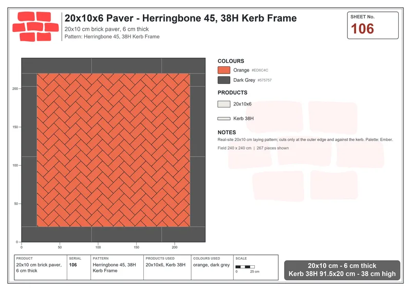 Interlock (Pasco) 20x10 cm · RC21-106 · Herringbone 45, 38H Kerb Frame · Laying plan Interlock (Pasco) 20x10 cm · RC21-106 · Herringbone 45, 38H Kerb Frame · Laying plan