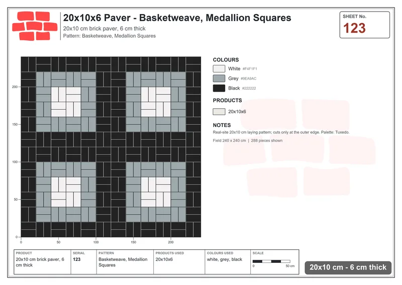Interlock (Pasco) 20x10 cm · RC21-123 · Basketweave, Medallion Squares · Laying plan Interlock (Pasco) 20x10 cm · RC21-123 · Basketweave, Medallion Squares · Laying plan