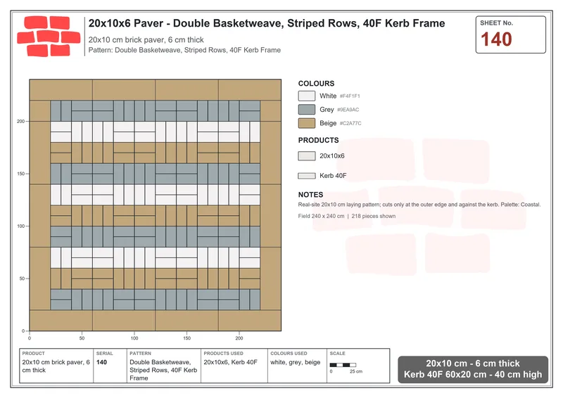 Interlock (Pasco) 20x10 cm · RC21-140 · Double Basketweave, Striped Rows, 40F Kerb Frame · Laying plan Interlock (Pasco) 20x10 cm · RC21-140 · Double Basketweave, Striped Rows, 40F Kerb Frame · Laying plan