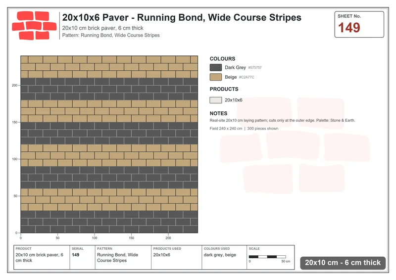 Interlock (Pasco) 20x10 cm · RC21-149 · Running Bond, Wide Course Stripes · Laying plan Interlock (Pasco) 20x10 cm · RC21-149 · Running Bond, Wide Course Stripes · Laying plan