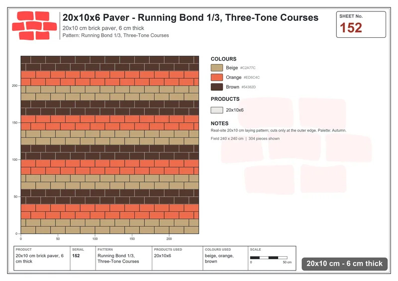 Interlock (Pasco) 20x10 cm · RC21-152 · Running Bond 1/3, Three-Tone Courses · Laying plan Interlock (Pasco) 20x10 cm · RC21-152 · Running Bond 1/3, Three-Tone Courses · Laying plan