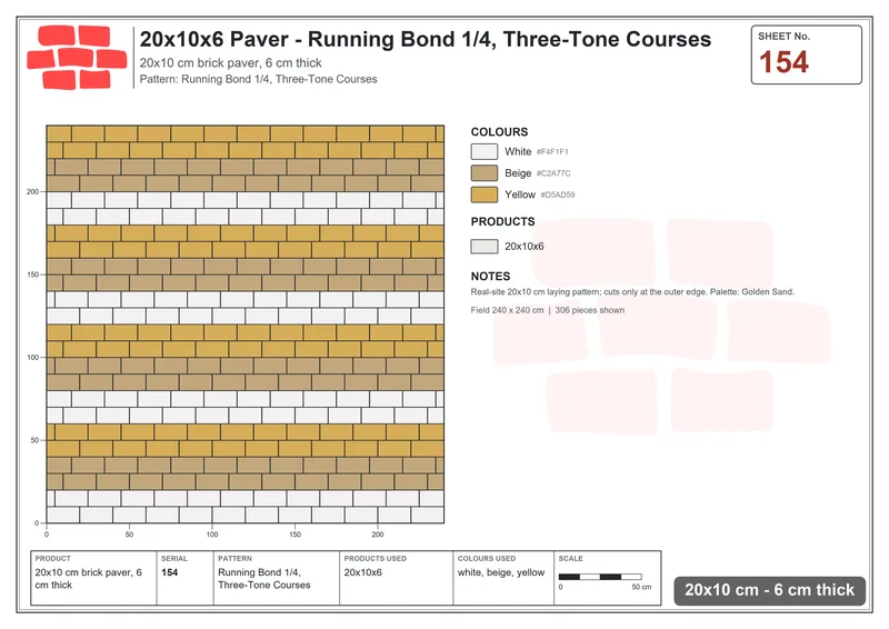 Interlock (Pasco) 20x10 cm · RC21-154 · Running Bond 1/4, Three-Tone Courses · Laying plan Interlock (Pasco) 20x10 cm · RC21-154 · Running Bond 1/4, Three-Tone Courses · Laying plan