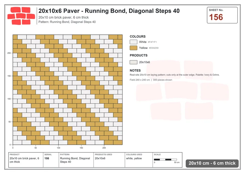Interlock (Pasco) 20x10 cm · RC21-156 · Running Bond, Diagonal Steps 40 · Laying plan Interlock (Pasco) 20x10 cm · RC21-156 · Running Bond, Diagonal Steps 40 · Laying plan