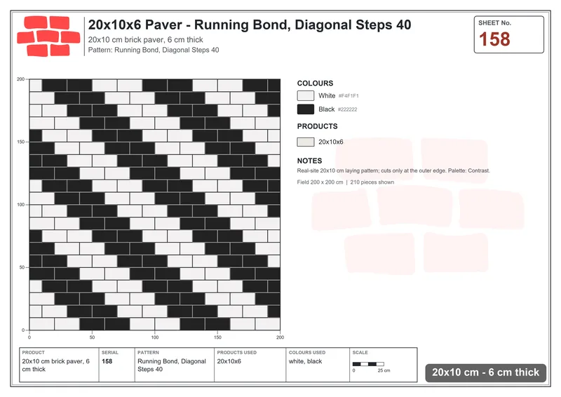 Interlock (Pasco) 20x10 cm · RC21-158 · Running Bond, Diagonal Steps 40 · Laying plan Interlock (Pasco) 20x10 cm · RC21-158 · Running Bond, Diagonal Steps 40 · Laying plan