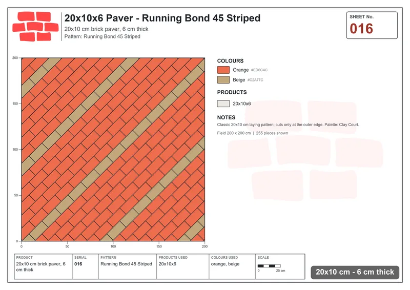 Interlock (Pasco) 20x10 cm · RC21-16 · Running Bond 45 Striped · Laying plan Interlock (Pasco) 20x10 cm · RC21-16 · Running Bond 45 Striped · Laying plan