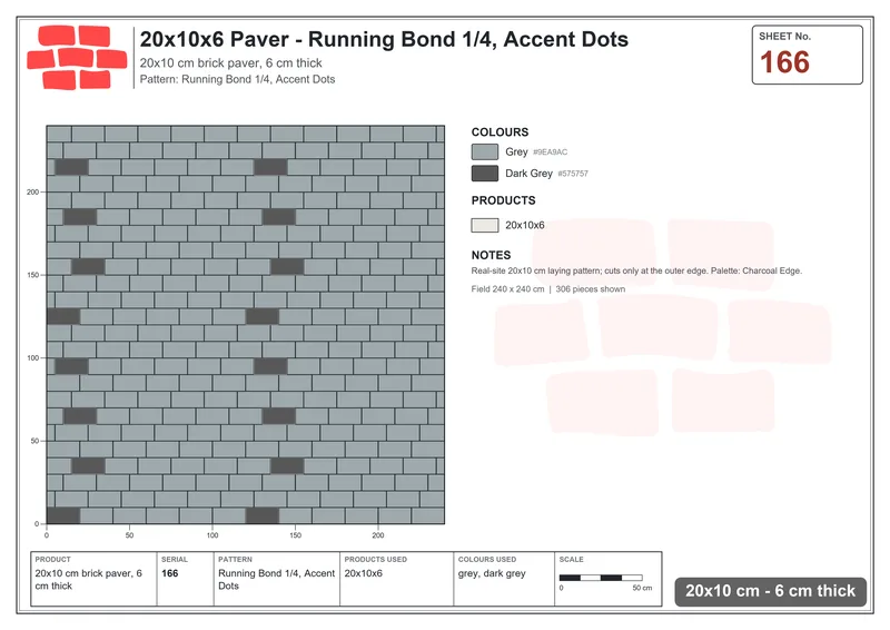 Interlock (Pasco) 20x10 cm · RC21-166 · Running Bond 1/4, Accent Dots · Laying plan Interlock (Pasco) 20x10 cm · RC21-166 · Running Bond 1/4, Accent Dots · Laying plan