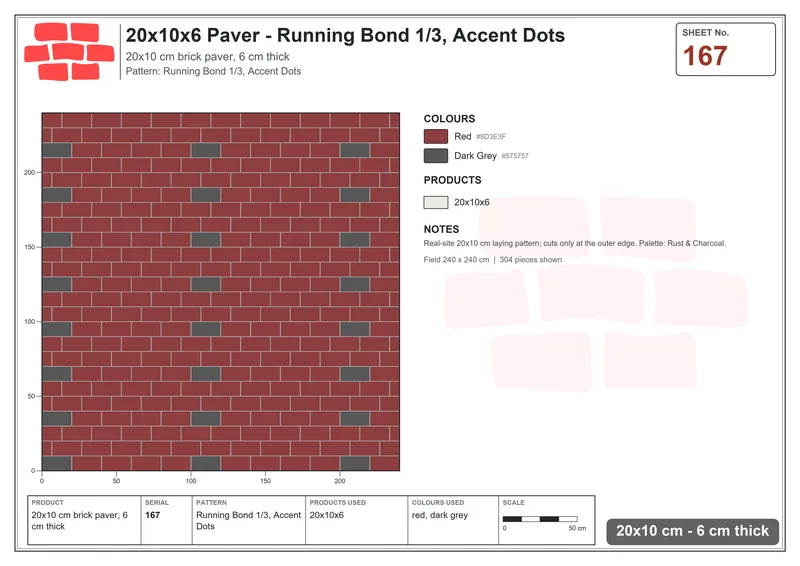 Interlock (Pasco) 20x10 cm · RC21-167 · Running Bond 1/3, Accent Dots · Laying plan Interlock (Pasco) 20x10 cm · RC21-167 · Running Bond 1/3, Accent Dots · Laying plan
