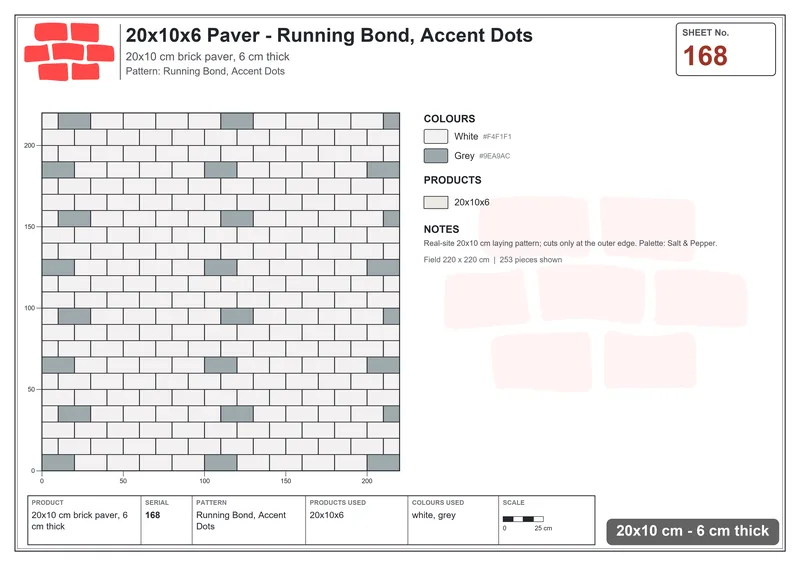 Interlock (Pasco) 20x10 cm · RC21-168 · Running Bond, Accent Dots · Laying plan Interlock (Pasco) 20x10 cm · RC21-168 · Running Bond, Accent Dots · Laying plan