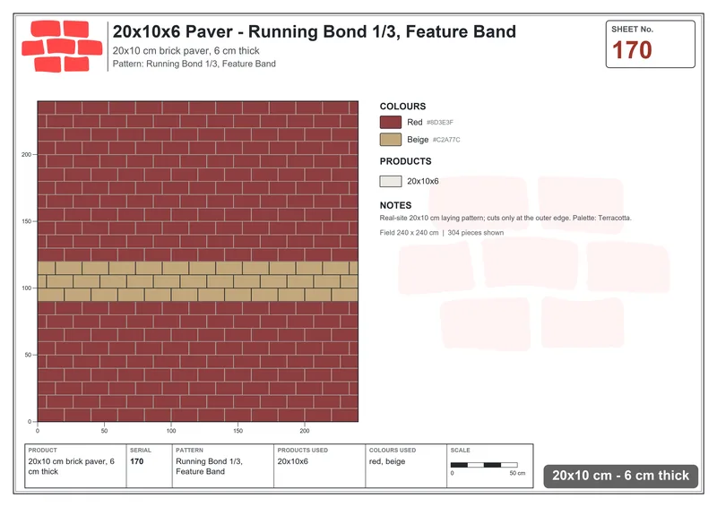 Interlock (Pasco) 20x10 cm · RC21-170 · Running Bond 1/3, Feature Band · Laying plan Interlock (Pasco) 20x10 cm · RC21-170 · Running Bond 1/3, Feature Band · Laying plan