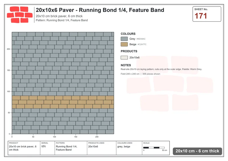 Interlock (Pasco) 20x10 cm · RC21-171 · Running Bond 1/4, Feature Band · Laying plan Interlock (Pasco) 20x10 cm · RC21-171 · Running Bond 1/4, Feature Band · Laying plan