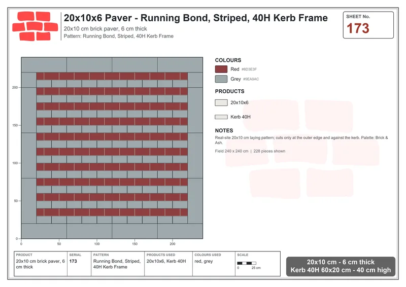 Interlock (Pasco) 20x10 cm · RC21-173 · Running Bond, Striped, 40H Kerb Frame · Laying plan Interlock (Pasco) 20x10 cm · RC21-173 · Running Bond, Striped, 40H Kerb Frame · Laying plan