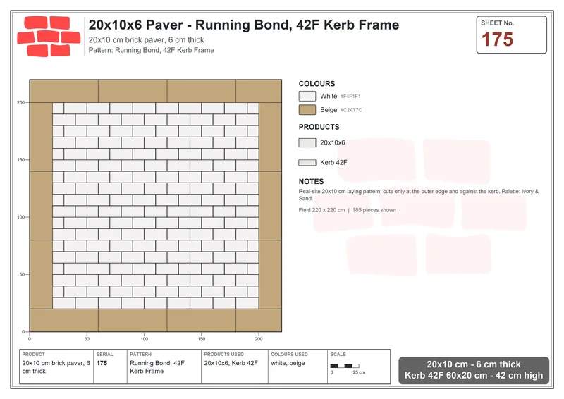 Interlock (Pasco) 20x10 cm · RC21-175 · Running Bond, 42F Kerb Frame · Laying plan Interlock (Pasco) 20x10 cm · RC21-175 · Running Bond, 42F Kerb Frame · Laying plan
