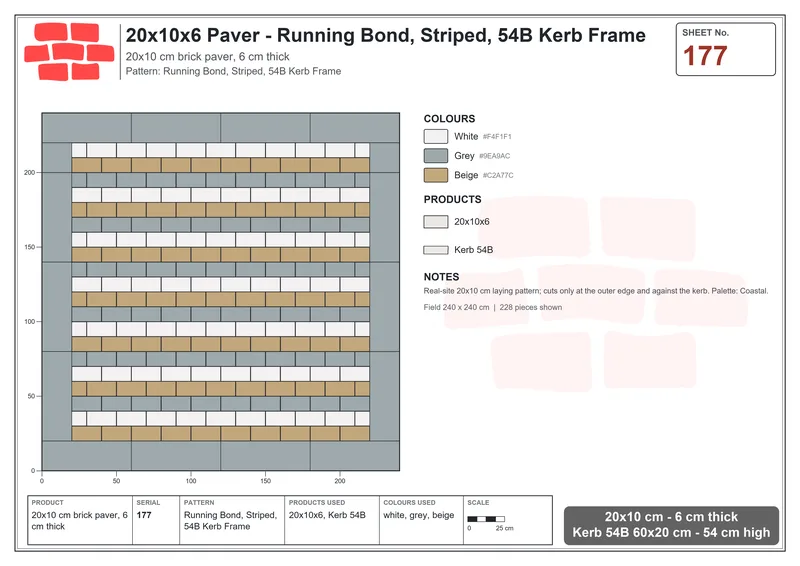 Interlock (Pasco) 20x10 cm · RC21-177 · Running Bond, Striped, 54B Kerb Frame · Laying plan Interlock (Pasco) 20x10 cm · RC21-177 · Running Bond, Striped, 54B Kerb Frame · Laying plan