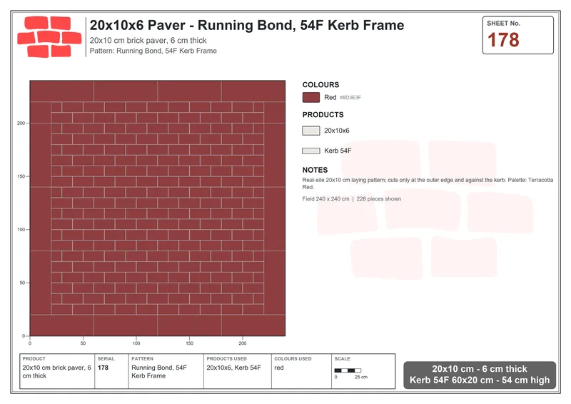 Interlock (Pasco) 20x10 cm · RC21-178 · Running Bond, 54F Kerb Frame · Laying plan Interlock (Pasco) 20x10 cm · RC21-178 · Running Bond, 54F Kerb Frame · Laying plan
