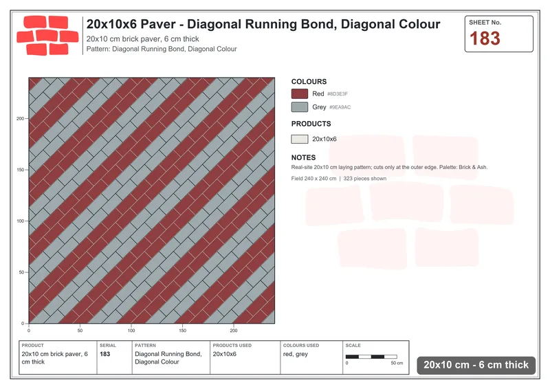 Interlock (Pasco) 20x10 cm · RC21-183 · Diagonal Running Bond, Diagonal Colour · Laying plan Interlock (Pasco) 20x10 cm · RC21-183 · Diagonal Running Bond, Diagonal Colour · Laying plan
