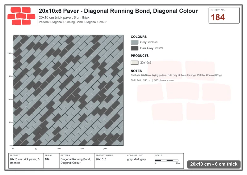 Interlock (Pasco) 20x10 cm · RC21-184 · Diagonal Running Bond, Diagonal Colour · Laying plan Interlock (Pasco) 20x10 cm · RC21-184 · Diagonal Running Bond, Diagonal Colour · Laying plan