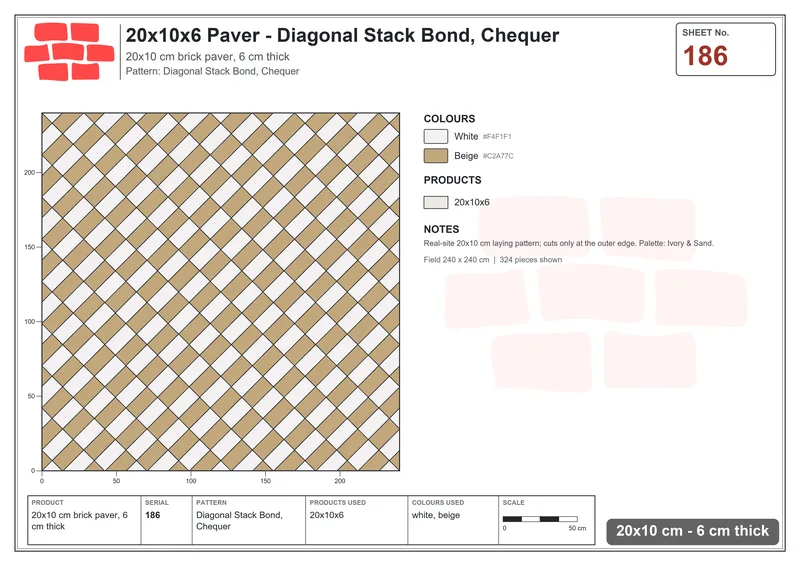 Interlock (Pasco) 20x10 cm · RC21-186 · Diagonal Stack Bond, Chequer · Laying plan Interlock (Pasco) 20x10 cm · RC21-186 · Diagonal Stack Bond, Chequer · Laying plan