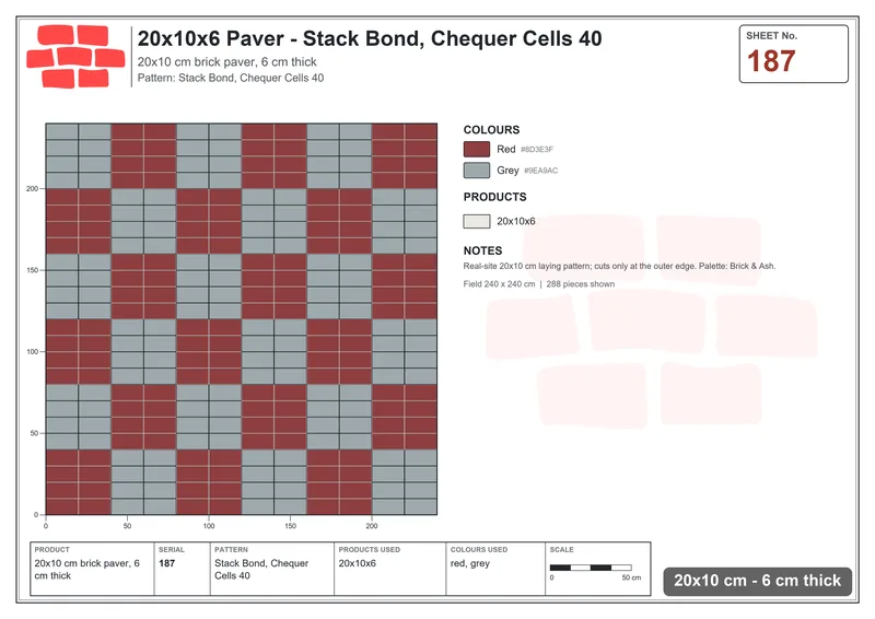 Interlock (Pasco) 20x10 cm · RC21-187 · Stack Bond, Chequer Cells 40 · Laying plan Interlock (Pasco) 20x10 cm · RC21-187 · Stack Bond, Chequer Cells 40 · Laying plan