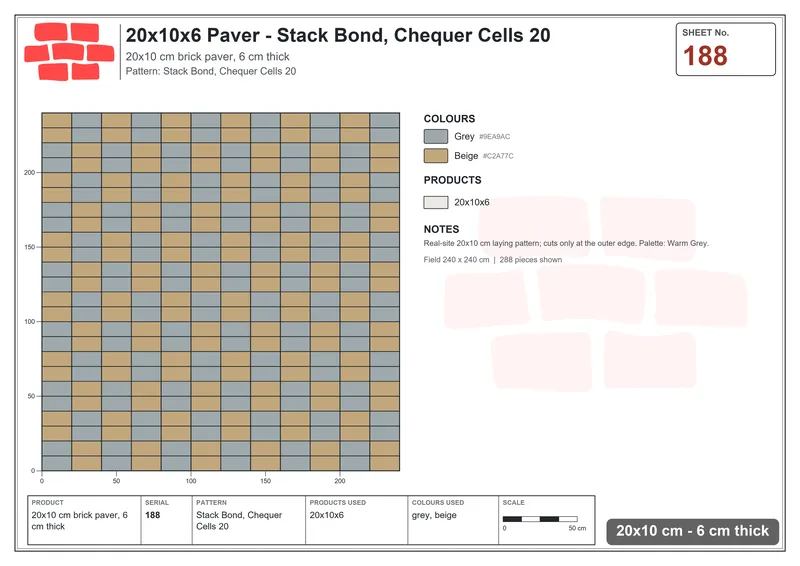 Interlock (Pasco) 20x10 cm · RC21-188 · Stack Bond, Chequer Cells 20 · Laying plan Interlock (Pasco) 20x10 cm · RC21-188 · Stack Bond, Chequer Cells 20 · Laying plan