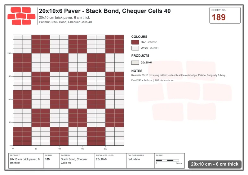 Interlock (Pasco) 20x10 cm · RC21-189 · Stack Bond, Chequer Cells 40 · Laying plan Interlock (Pasco) 20x10 cm · RC21-189 · Stack Bond, Chequer Cells 40 · Laying plan