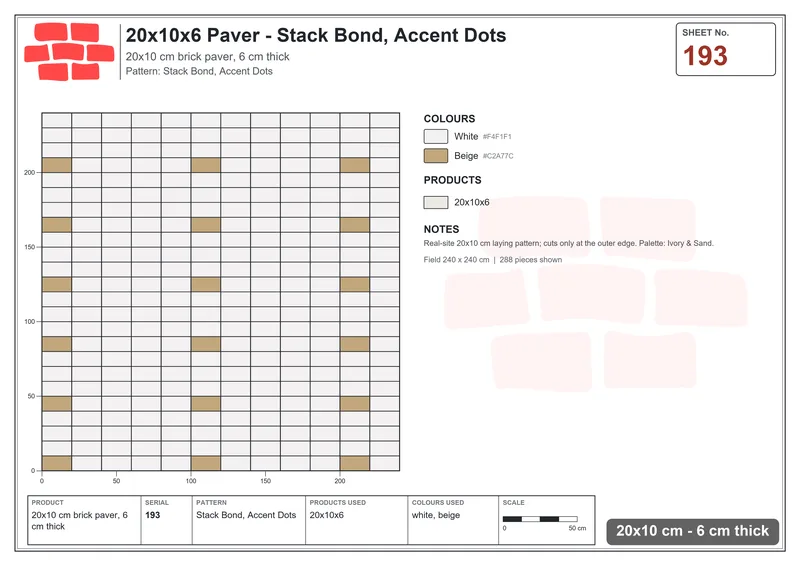 Interlock (Pasco) 20x10 cm · RC21-193 · Stack Bond, Accent Dots · Laying plan Interlock (Pasco) 20x10 cm · RC21-193 · Stack Bond, Accent Dots · Laying plan
