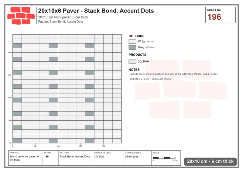 Interlock (Pasco) 20x10 cm · RC21-196 · Stack Bond, Accent Dots · Laying plan Interlock (Pasco) 20x10 cm · RC21-196 · Stack Bond, Accent Dots · Laying plan