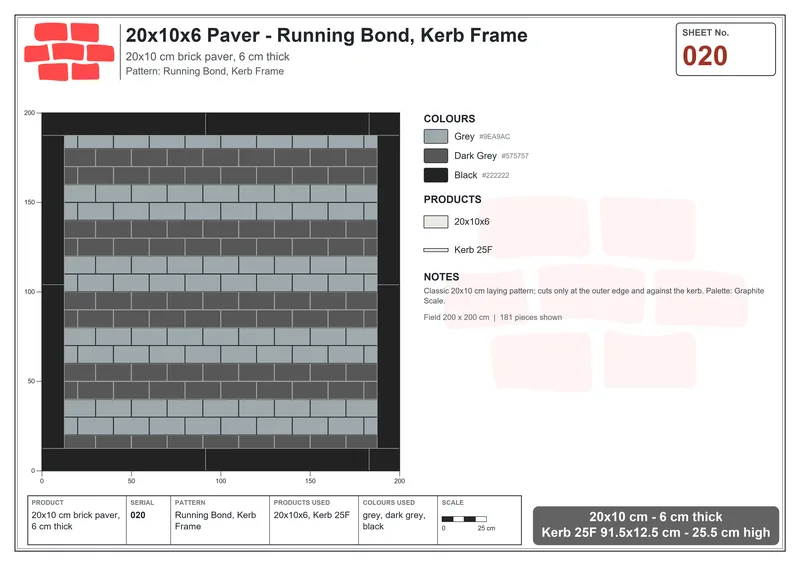 Interlock (Pasco) 20x10 cm · RC21-20 · Running Bond, Kerb Frame · Laying plan