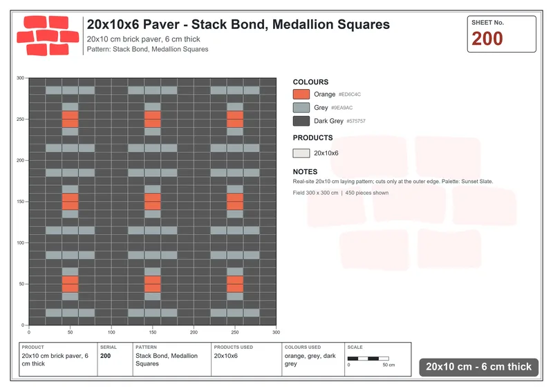 Interlock (Pasco) 20x10 cm · RC21-200 · Stack Bond, Medallion Squares · Laying plan Interlock (Pasco) 20x10 cm · RC21-200 · Stack Bond, Medallion Squares · Laying plan