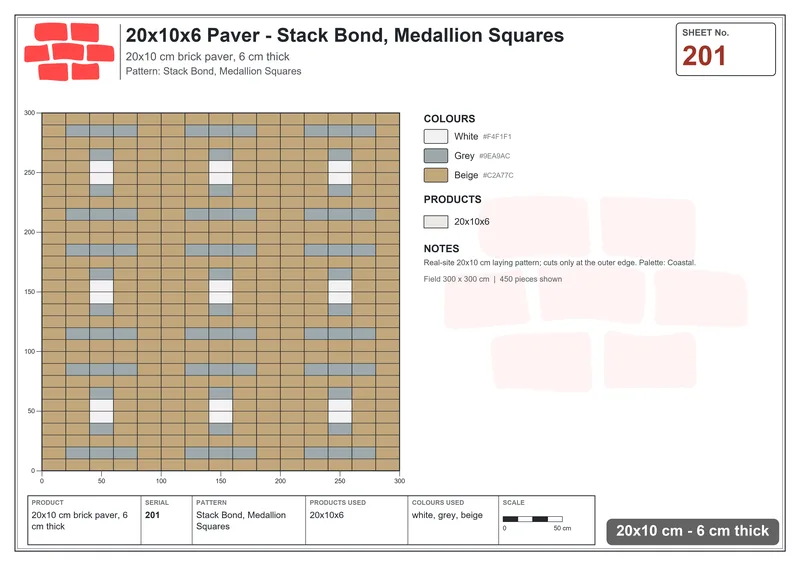 Interlock (Pasco) 20x10 cm · RC21-201 · Stack Bond, Medallion Squares · Laying plan Interlock (Pasco) 20x10 cm · RC21-201 · Stack Bond, Medallion Squares · Laying plan
