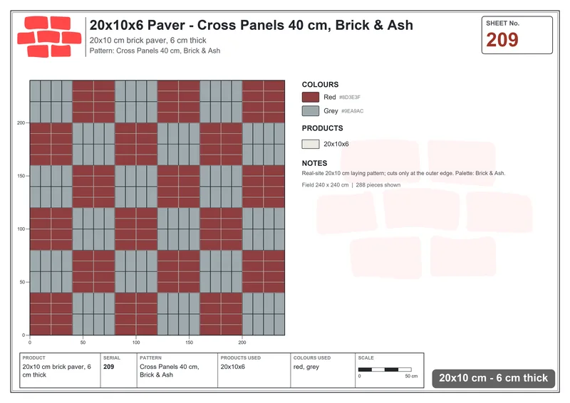 Interlock (Pasco) 20x10 cm · RC21-209 · Cross Panels 40 cm, Brick & Ash · Laying plan Interlock (Pasco) 20x10 cm · RC21-209 · Cross Panels 40 cm, Brick & Ash · Laying plan