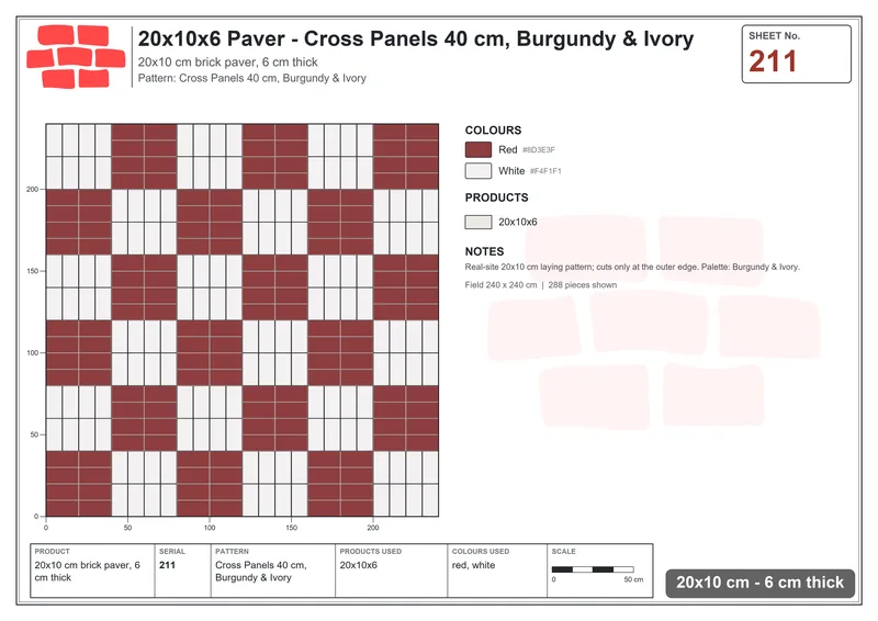 Interlock (Pasco) 20x10 cm · RC21-211 · Cross Panels 40 cm, Burgundy & Ivory · Laying plan Interlock (Pasco) 20x10 cm · RC21-211 · Cross Panels 40 cm, Burgundy & Ivory · Laying plan