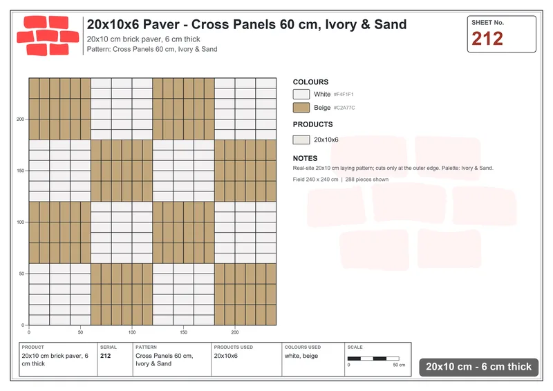 Interlock (Pasco) 20x10 cm · RC21-212 · Cross Panels 60 cm, Ivory & Sand · Laying plan Interlock (Pasco) 20x10 cm · RC21-212 · Cross Panels 60 cm, Ivory & Sand · Laying plan