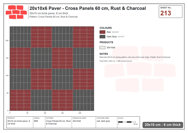 Interlock (Pasco) 20x10 cm · RC21-213 · Cross Panels 60 cm, Rust & Charcoal · Laying plan Interlock (Pasco) 20x10 cm · RC21-213 · Cross Panels 60 cm, Rust & Charcoal · Laying plan