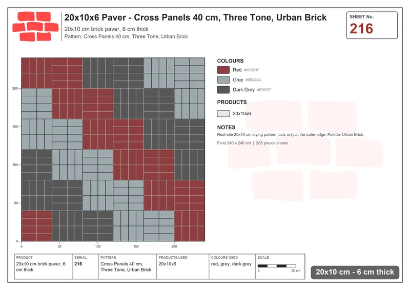 Interlock (Pasco) 20x10 cm · RC21-216 · Cross Panels 40 cm, Three Tone, Urban Brick · Laying plan Interlock (Pasco) 20x10 cm · RC21-216 · Cross Panels 40 cm, Three Tone, Urban Brick · Laying plan