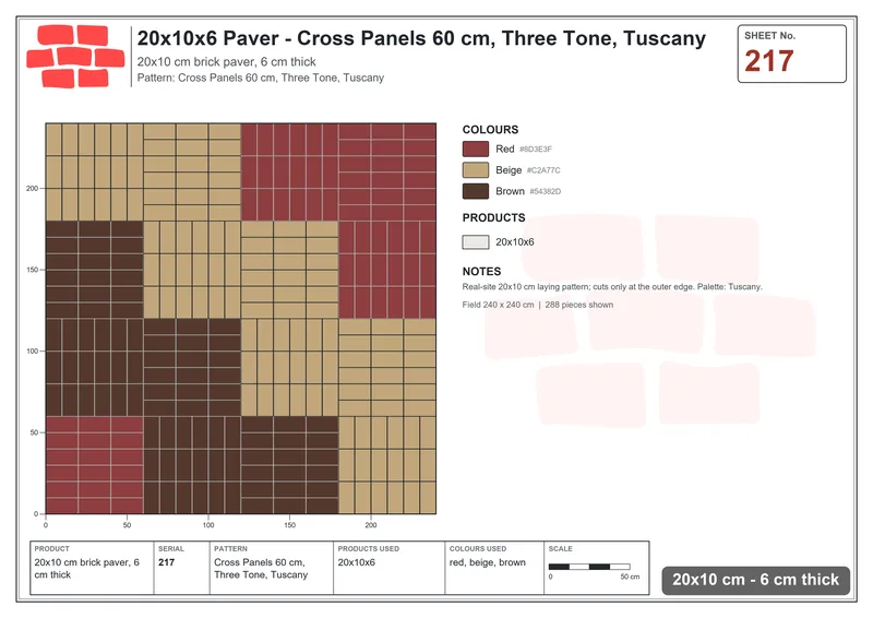 Interlock (Pasco) 20x10 cm · RC21-217 · Cross Panels 60 cm, Three Tone, Tuscany · Laying plan Interlock (Pasco) 20x10 cm · RC21-217 · Cross Panels 60 cm, Three Tone, Tuscany · Laying plan
