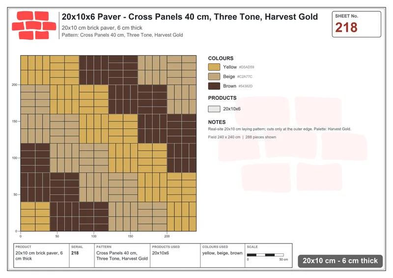 Interlock (Pasco) 20x10 cm · RC21-218 · Cross Panels 40 cm, Three Tone, Harvest Gold · Laying plan Interlock (Pasco) 20x10 cm · RC21-218 · Cross Panels 40 cm, Three Tone, Harvest Gold · Laying plan